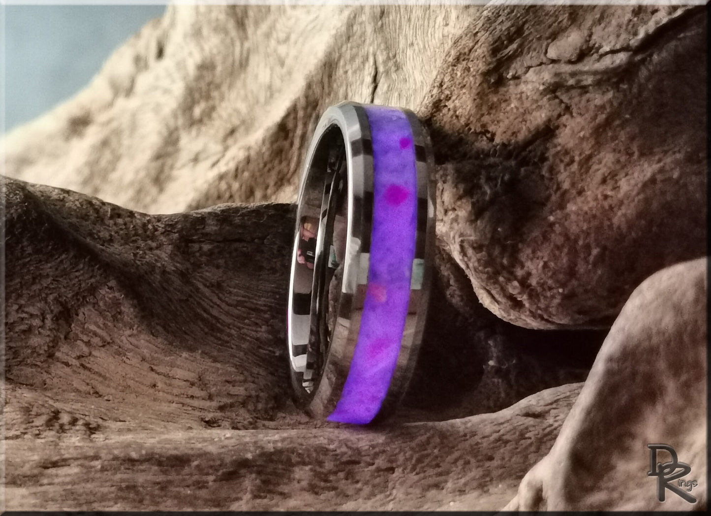 Tungsten Carbide Channel Ring w/Selenite and Opal Glow inlay - metal ring