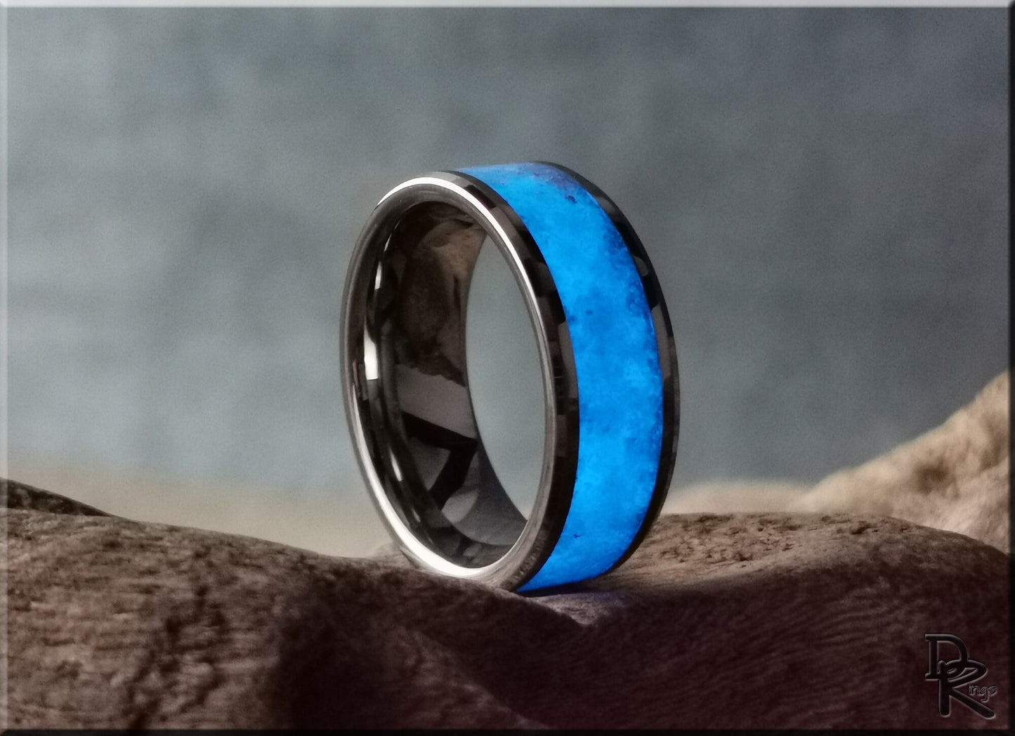 Tungsten Carbide Channel Ring w/Smokey Quartz and Glow inlay - glow ring