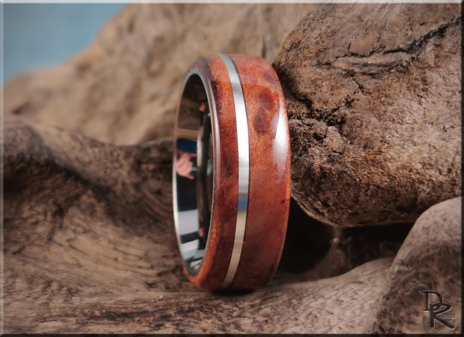 Bentwood Ring - Redwood Burl w/offset Sterling Silver inlay, on titanium ring core - wood ring