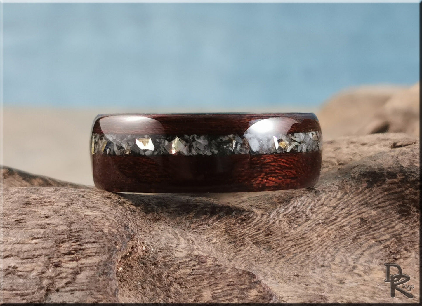 Bentwood Ring - Smoked Etimoe w/Moonstone-Mica and Sterling Silver inlay, on carbon fiber ring core - wood ring
