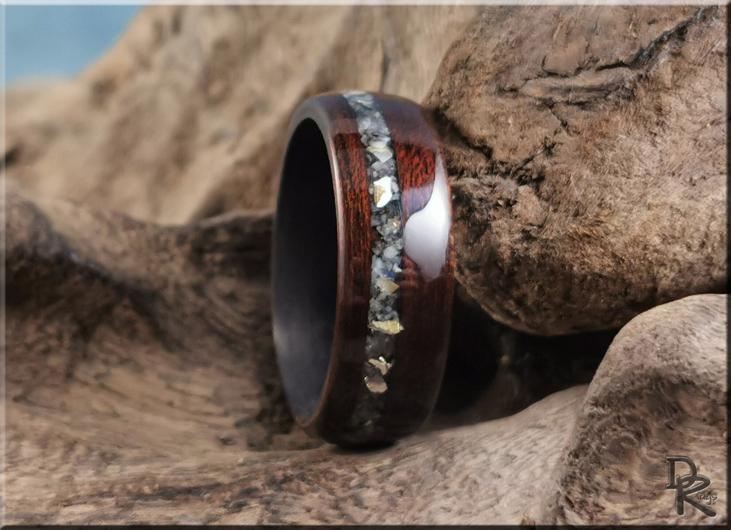 Bentwood Ring - Smoked Etimoe w/Moonstone-Mica and Sterling Silver inlay, on carbon fiber ring core - wood ring