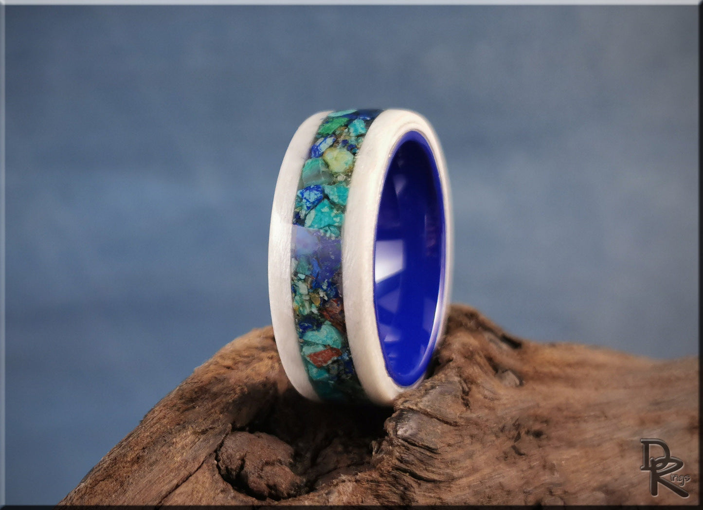 Bentwood Ring - Snow White Sycamore w/Azurite stone inlay, on polished blue ceramic ring core - wood ring