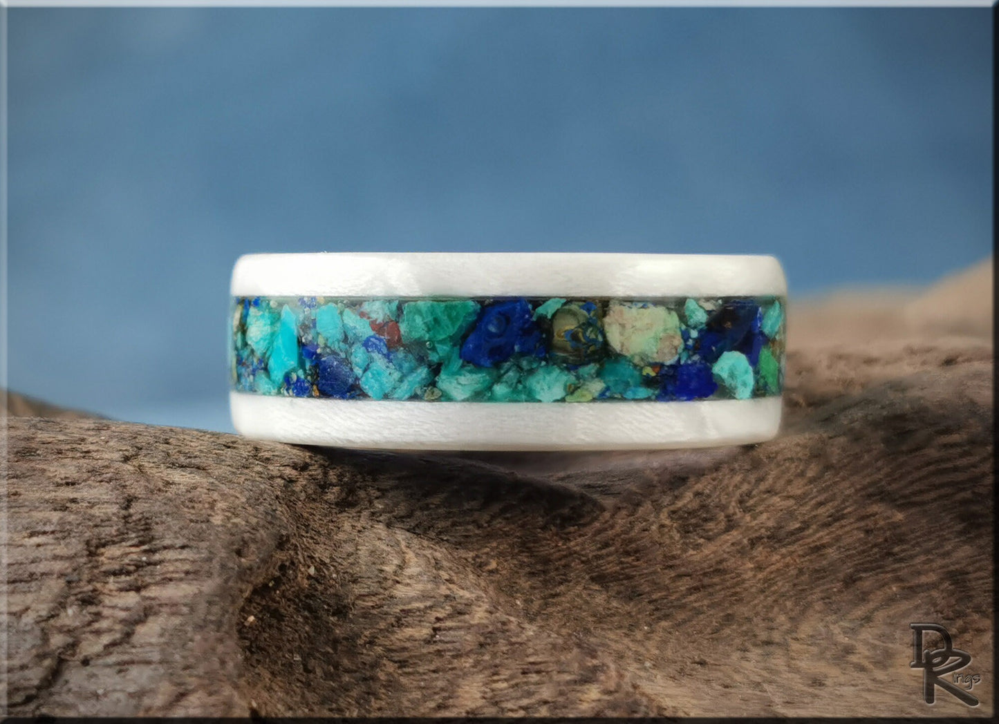 Bentwood Ring - Snow White Sycamore w/Azurite stone inlay, on polished blue ceramic ring core - wood ring