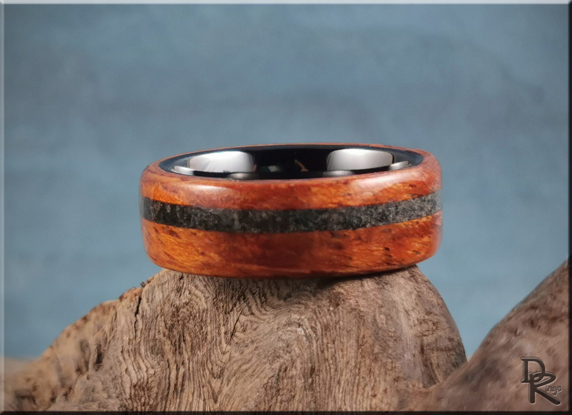 Bentwood Ring - Jatoba w/offset Carborundum inlay, on polished black ceramic inner core - wood ring