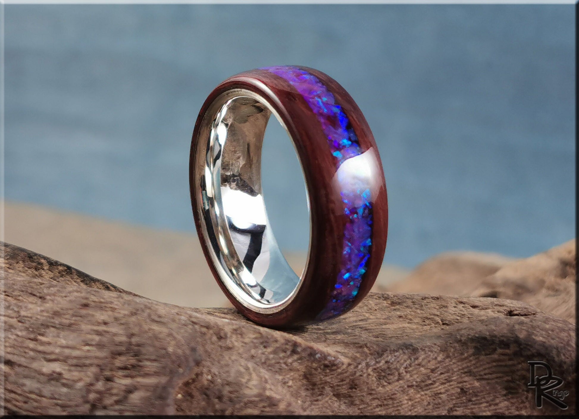 Bentwood Ring - Purpleheart w/Orchid Opal inlay, on premium .925 Sterling Silver ring core - wood ring