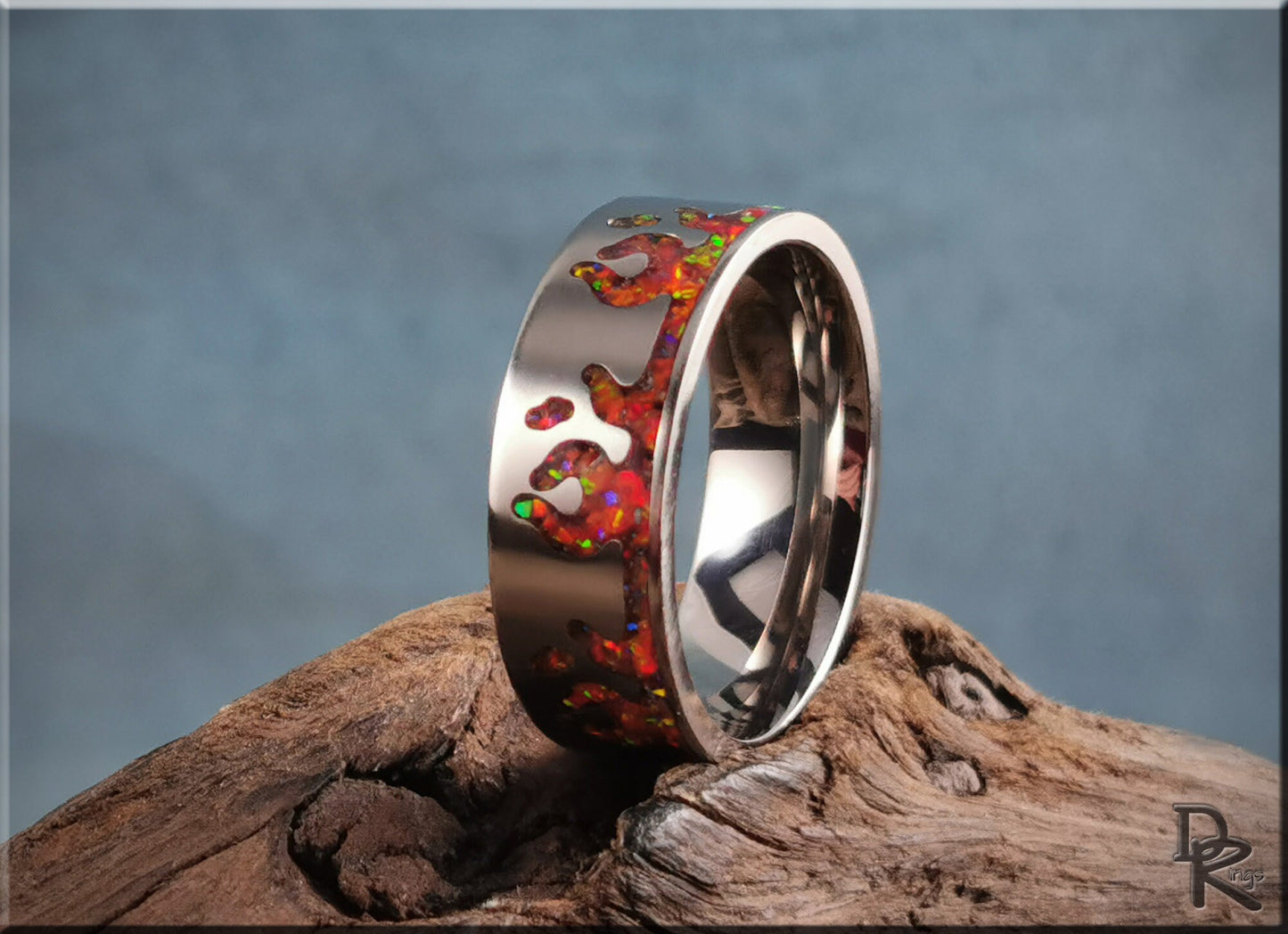 Titanium Flame Pattern Ring w/Opal inlay - metal ring