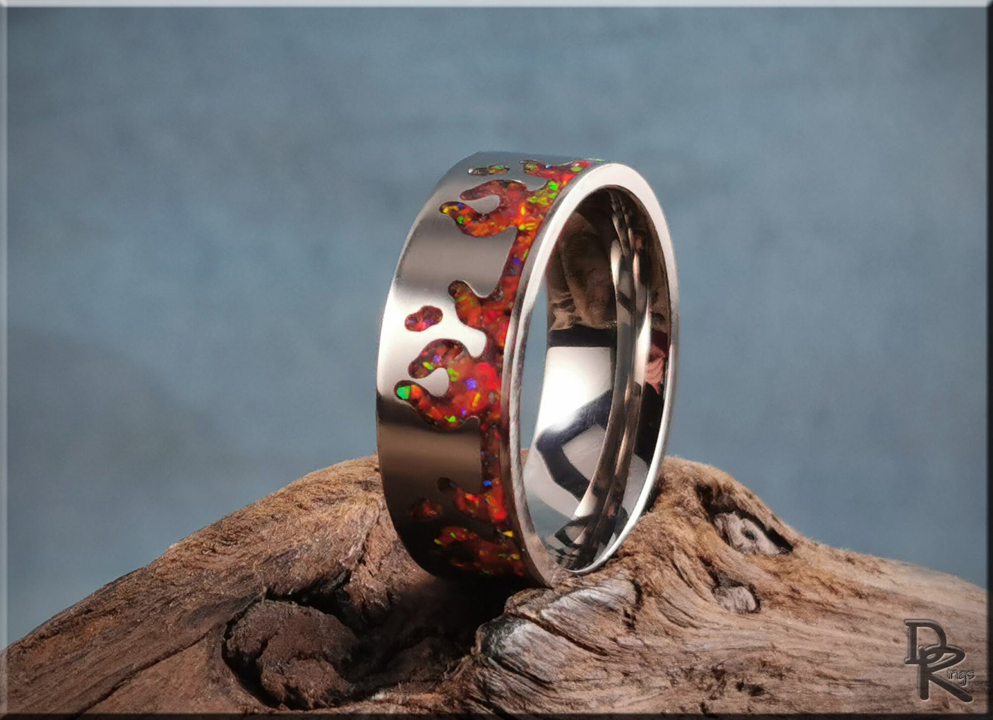 Titanium Flame Pattern Ring w/Opal inlay - metal ring