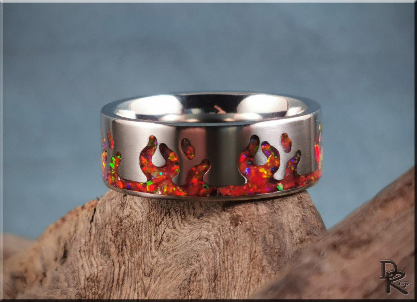 Titanium Flame Pattern Ring w/Opal inlay - metal ring