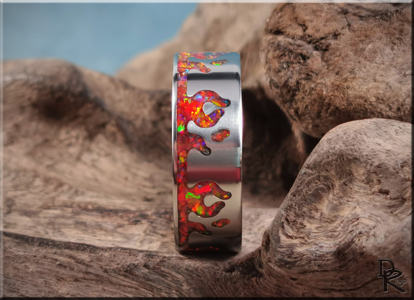 Titanium Flame Pattern Ring w/Opal inlay - metal ring