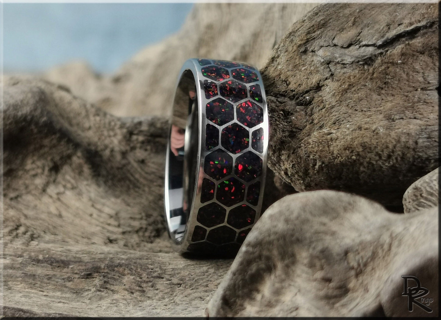 Titanium Honeycomb Pattern Ring w/Opal inlay - metal ring