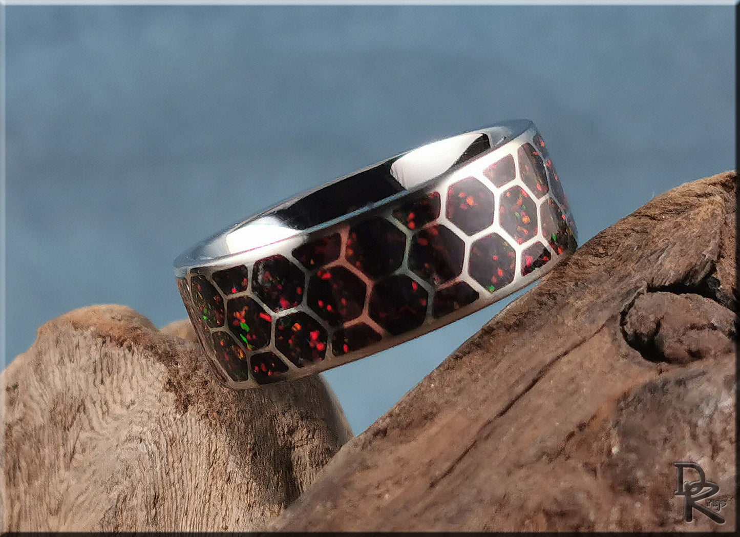 Titanium Honeycomb Pattern Ring w/Opal inlay - metal ring