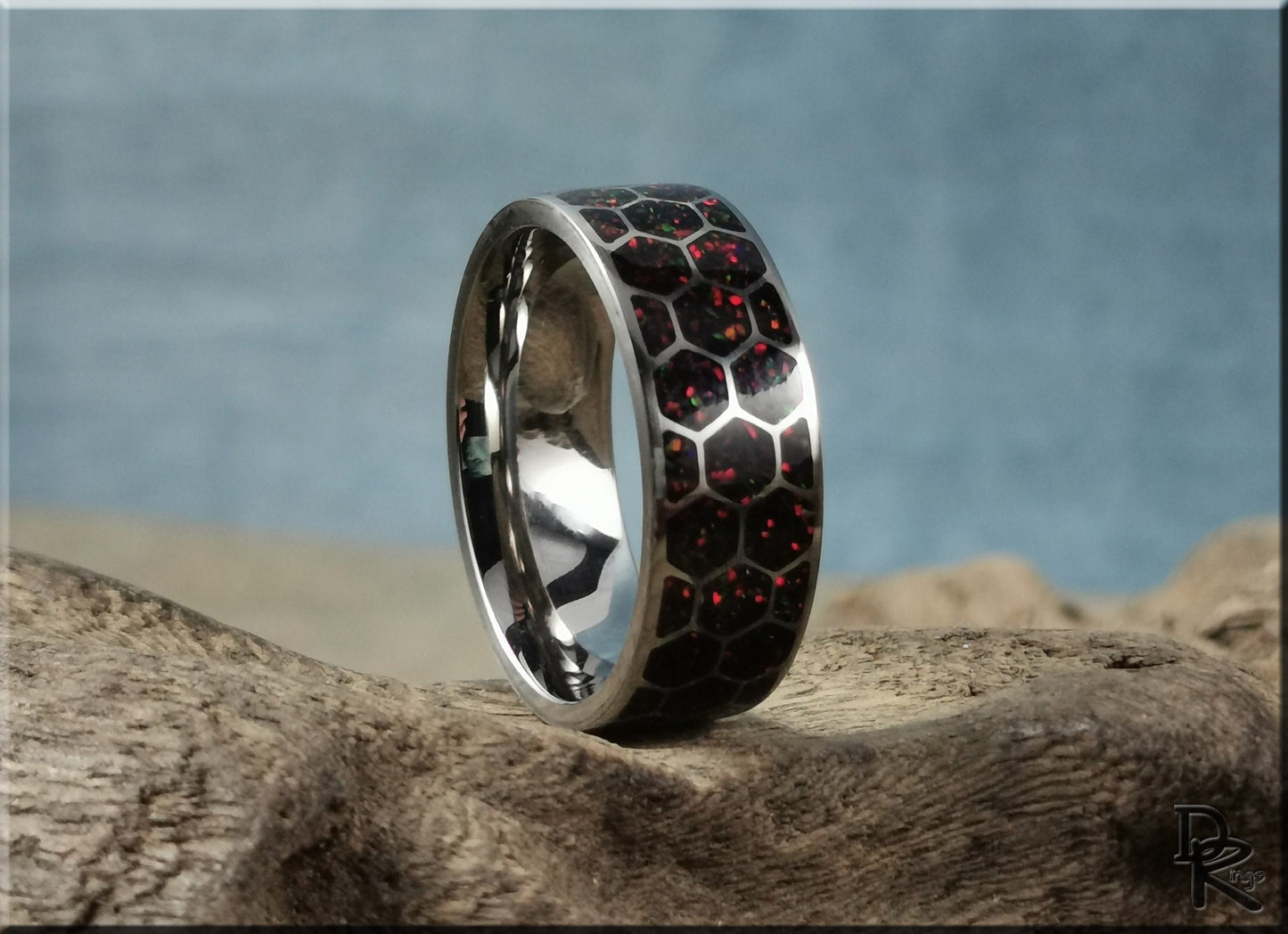 Titanium Honeycomb Pattern Ring w/Opal inlay - metal ring