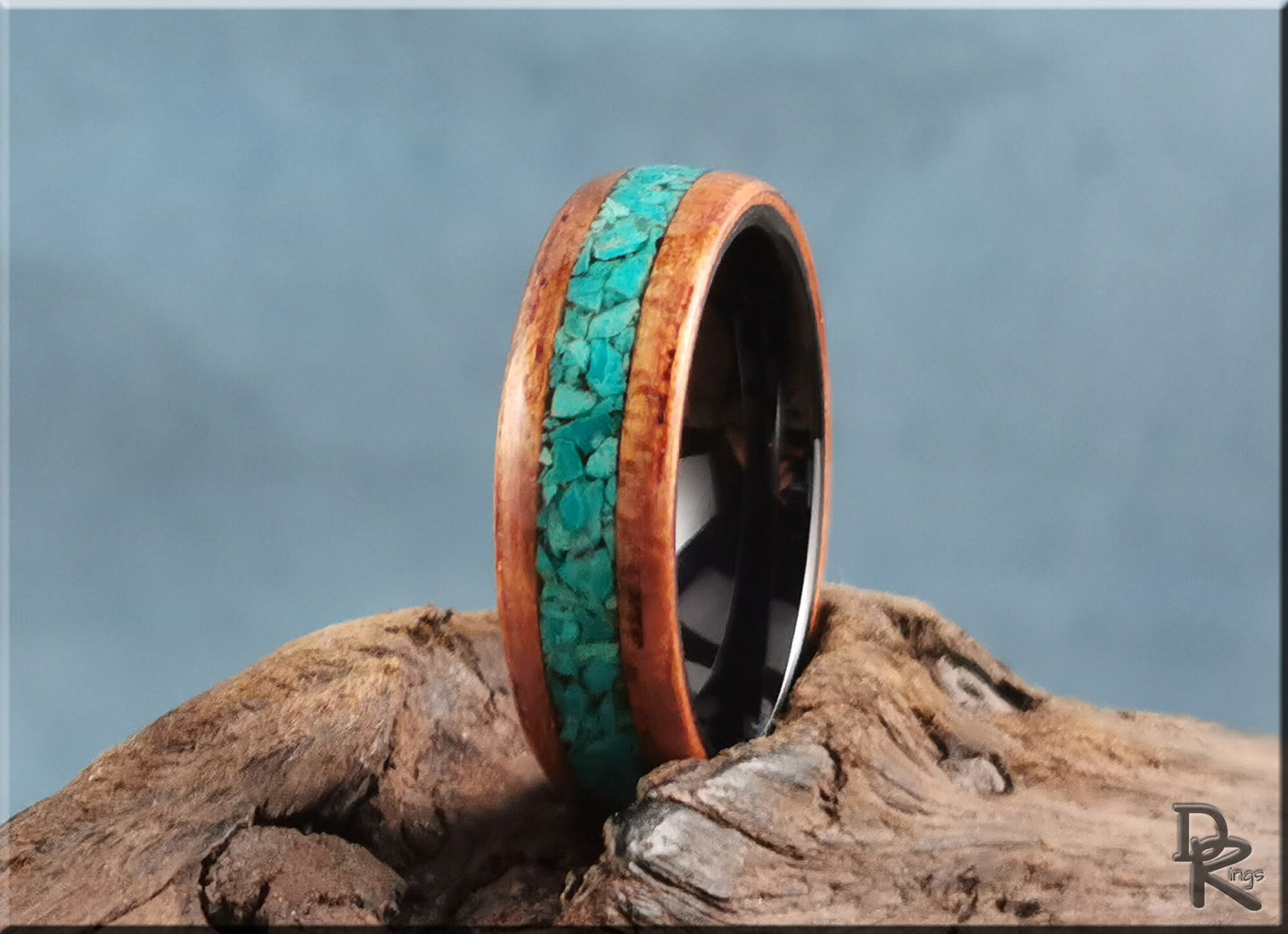 Bentwood Ring - Spanish Cedar w/Peruvian Chrysocolla inlay on polished black ceramic ring core - wood ring