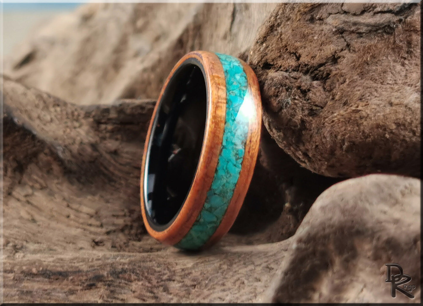 Bentwood Ring - Spanish Cedar w/Peruvian Chrysocolla inlay on polished black ceramic ring core - wood ring