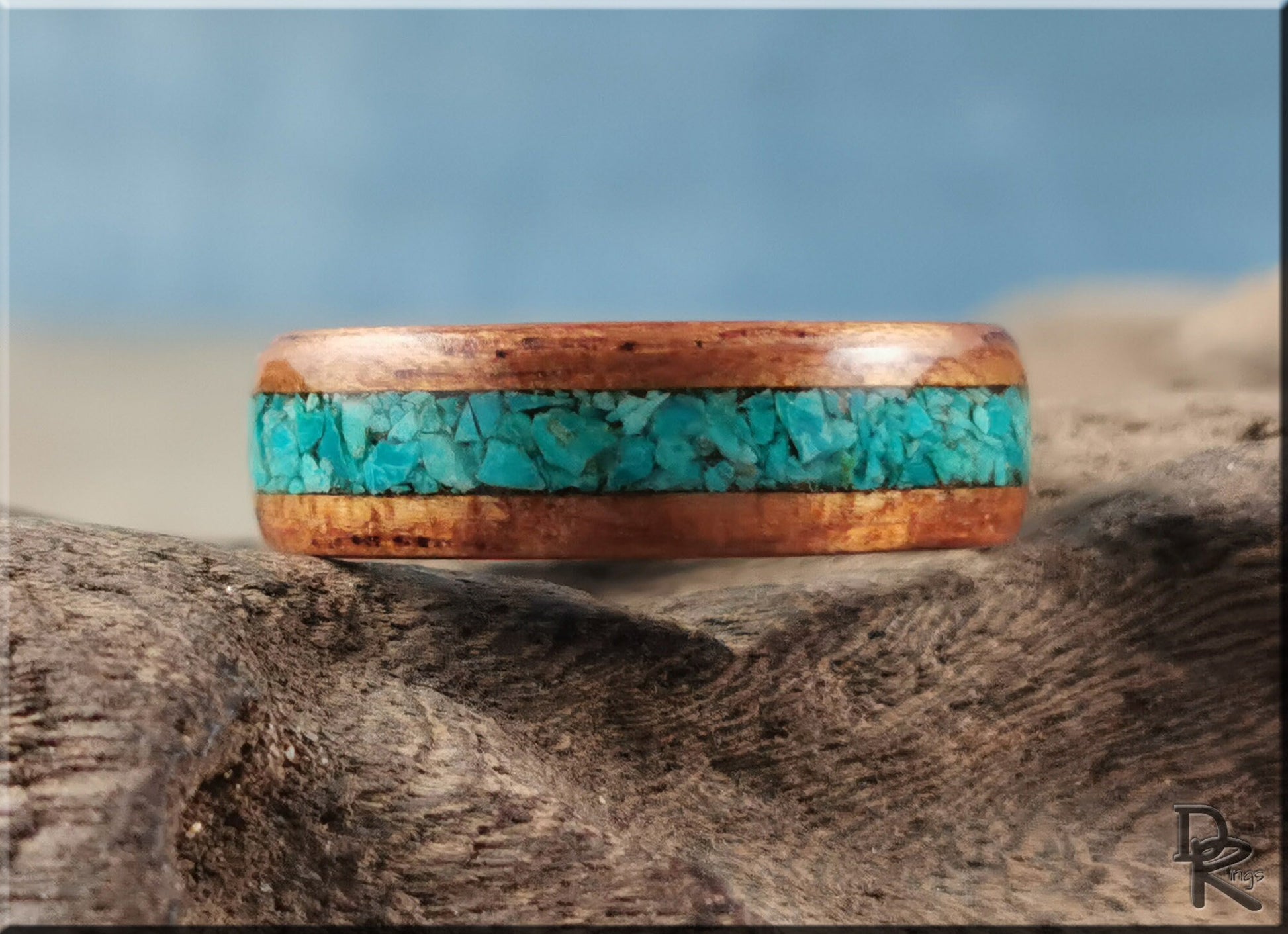 Bentwood Ring - Spanish Cedar w/Peruvian Chrysocolla inlay on polished black ceramic ring core - wood ring