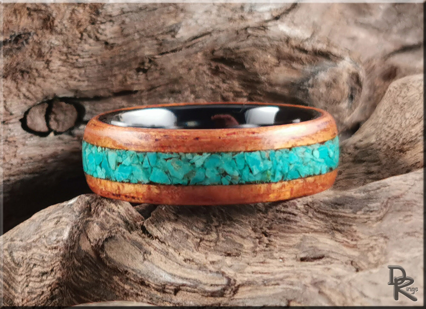 Bentwood Ring - Spanish Cedar w/Peruvian Chrysocolla inlay on polished black ceramic ring core - wood ring