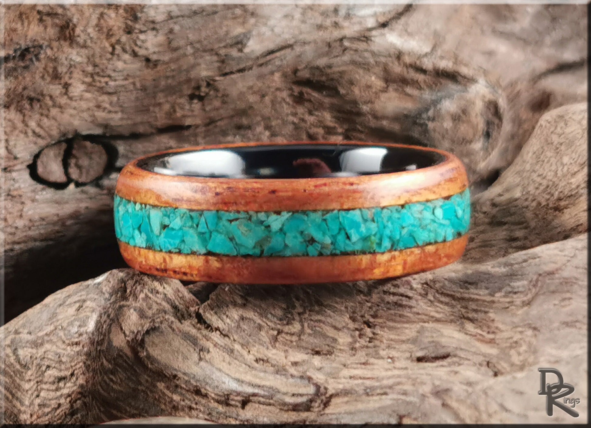 Bentwood Ring - Spanish Cedar w/Peruvian Chrysocolla inlay on polished black ceramic ring core - wood ring