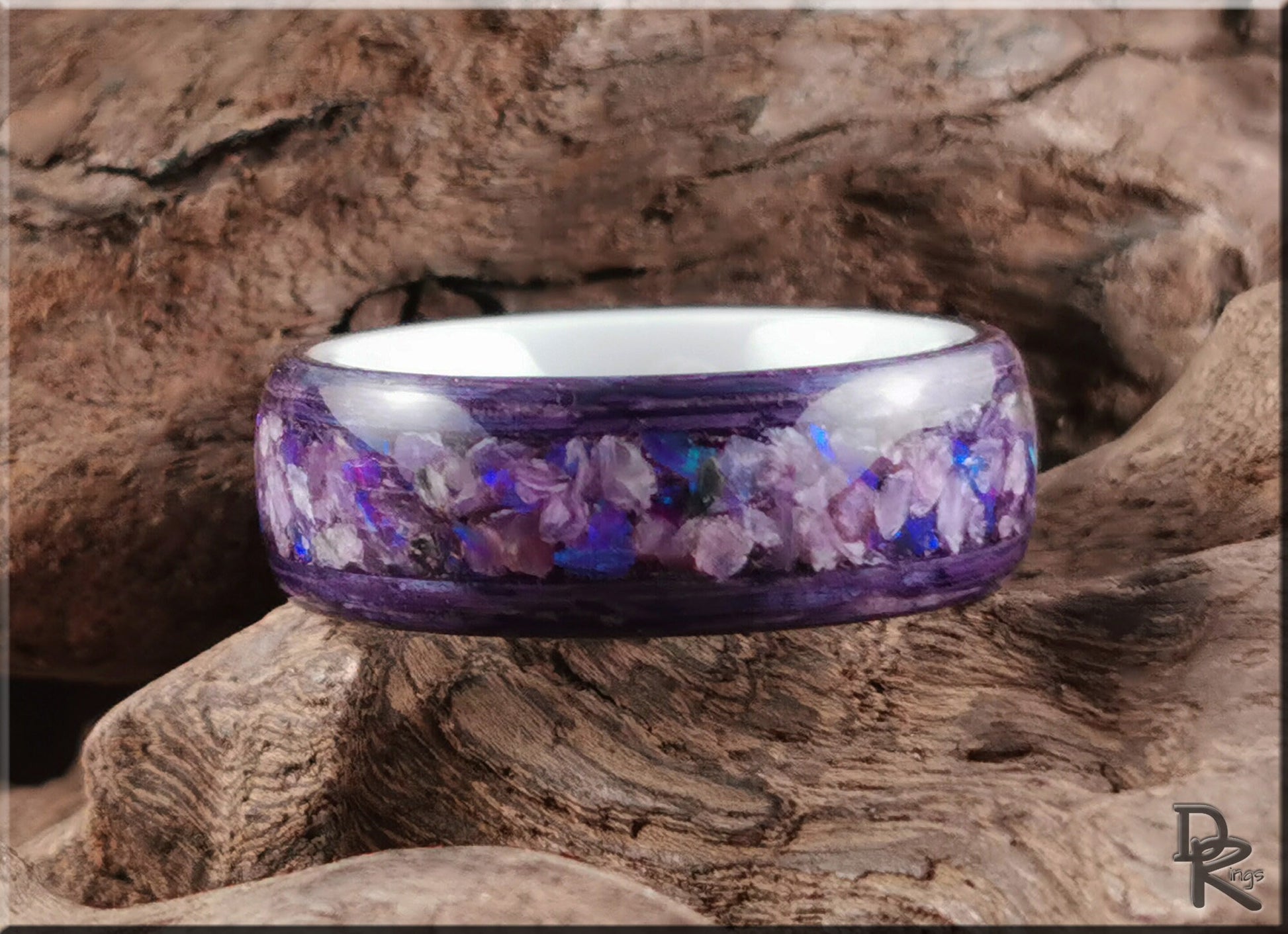 Bentwood Ring - Amethyst Koto w/Charoite and Opal inlay on polished white ceramic ring core - wood ring