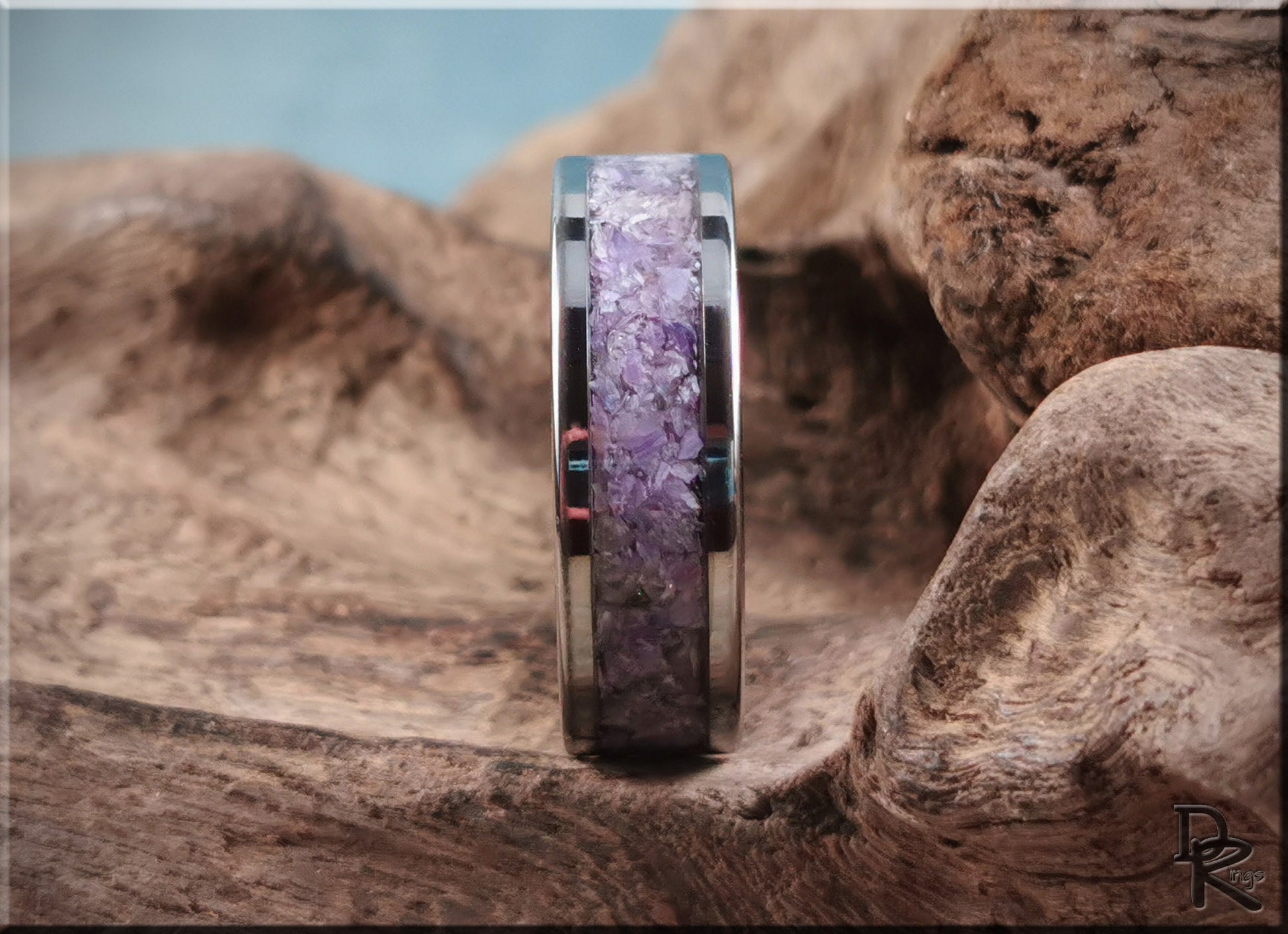 Super Titanium Channel Ring w/Charoite stone inlay - metal ring