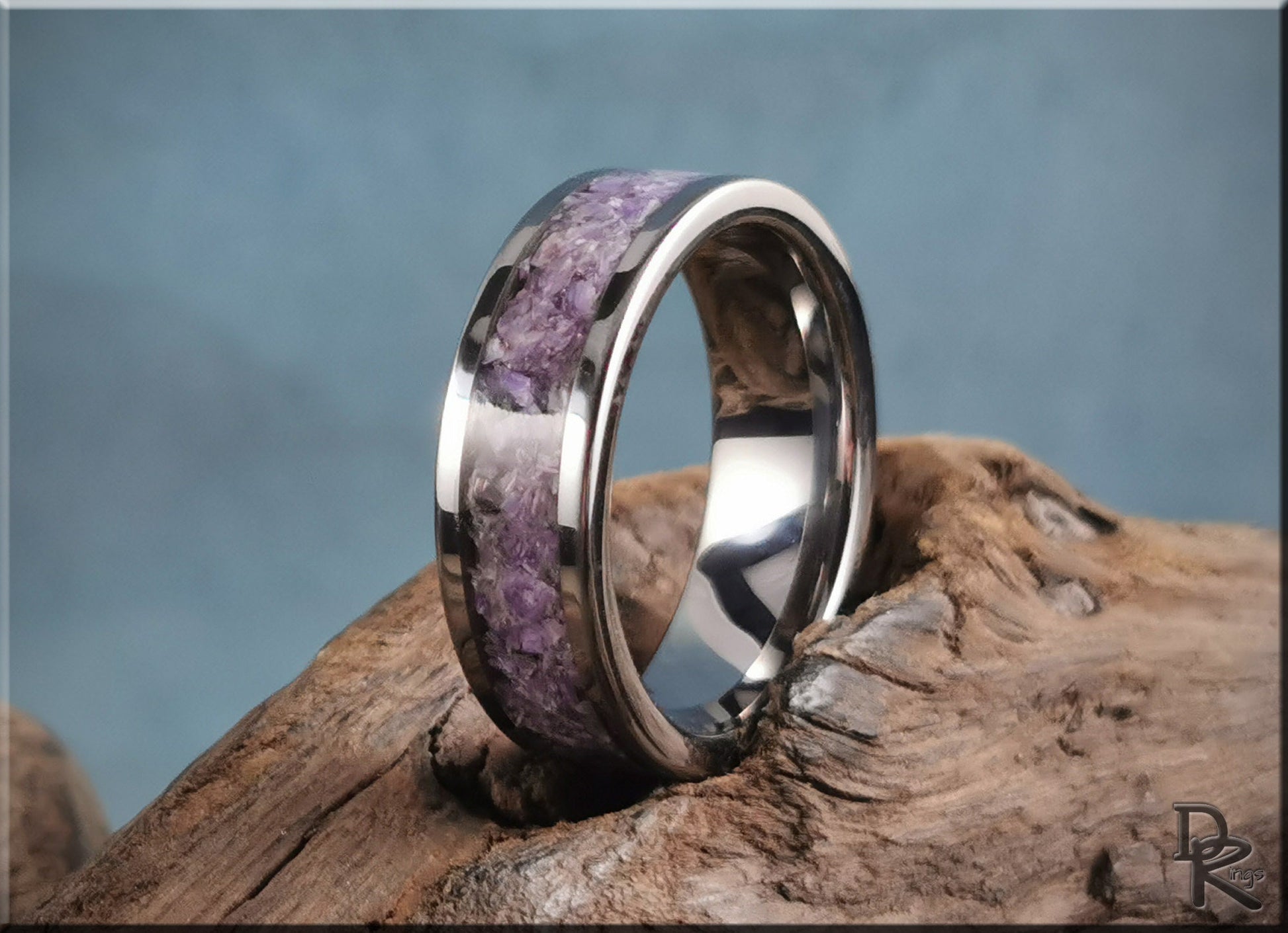 Super Titanium Channel Ring w/Charoite stone inlay - metal ring