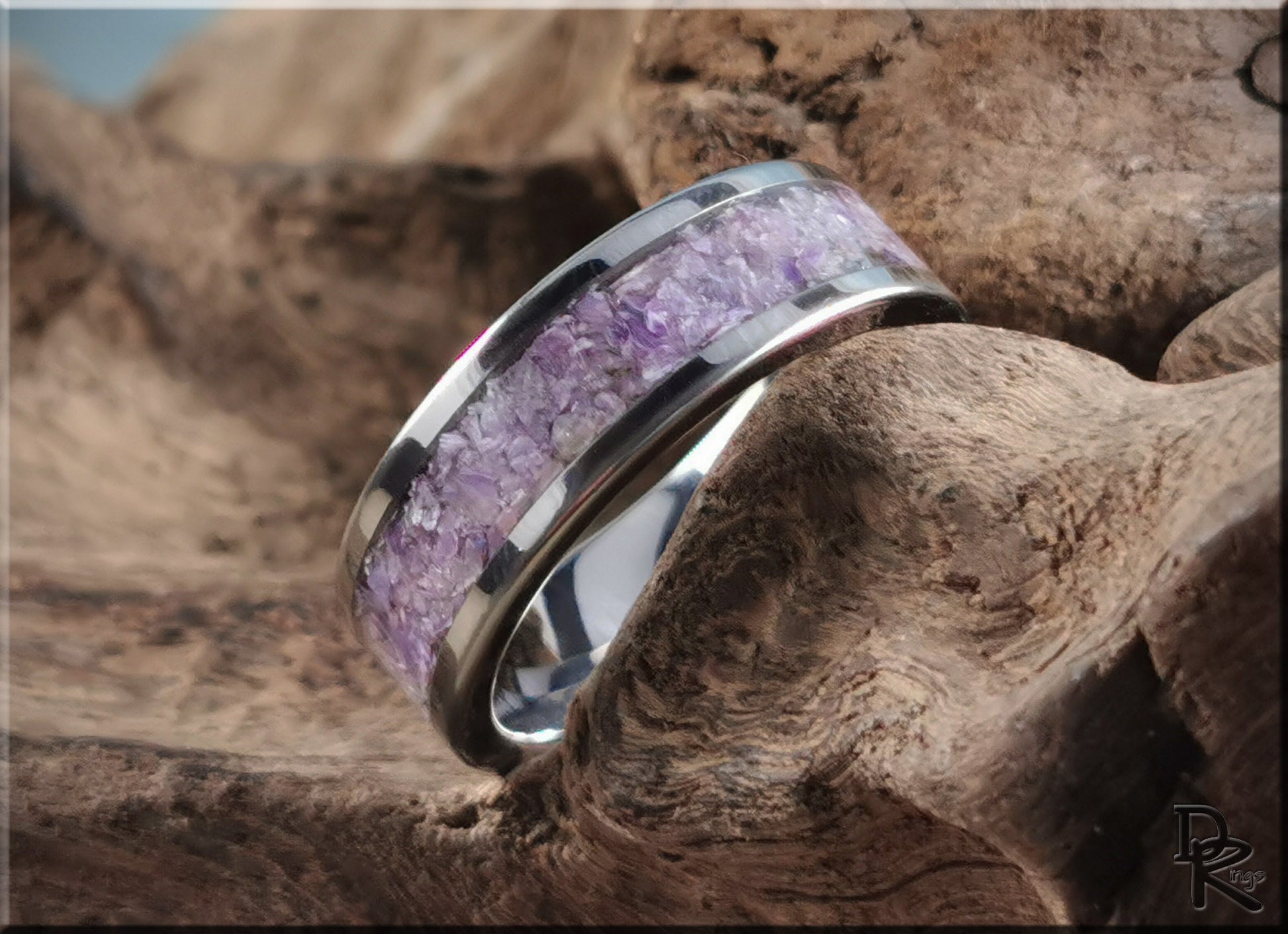 Super Titanium Channel Ring w/Charoite stone inlay - metal ring