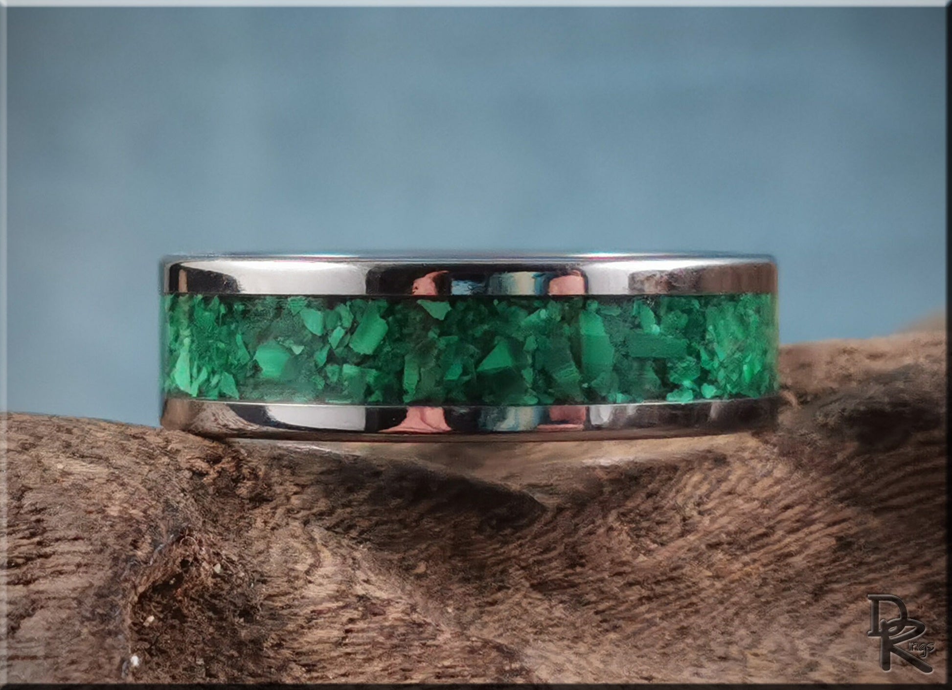 Super Titanium Channel Ring w/Green Malachite stone inlay - metal ring