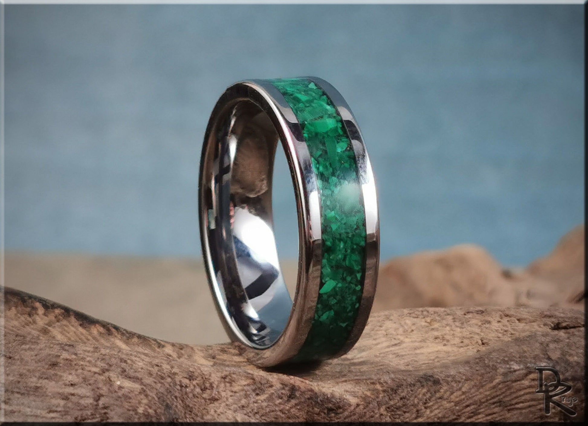 Super Titanium Channel Ring w/Green Malachite stone inlay - metal ring
