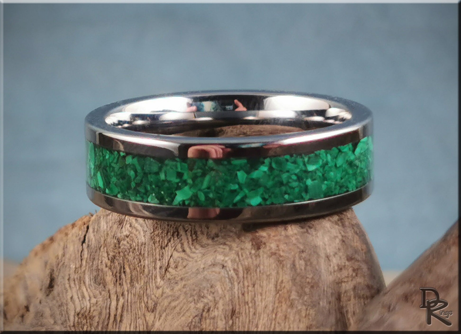 Super Titanium Channel Ring w/Green Malachite stone inlay - metal ring