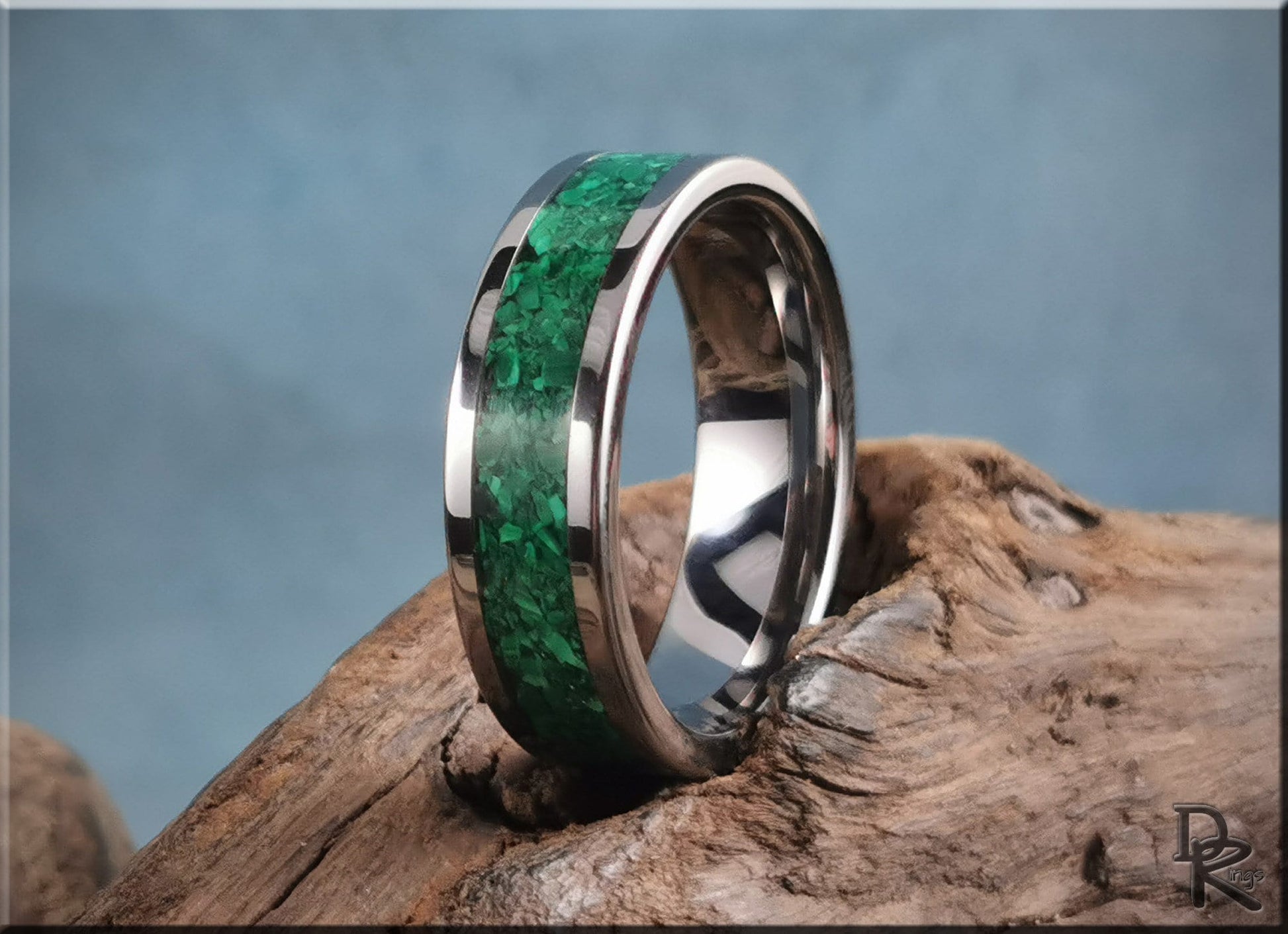 Super Titanium Channel Ring w/Green Malachite stone inlay - metal ring