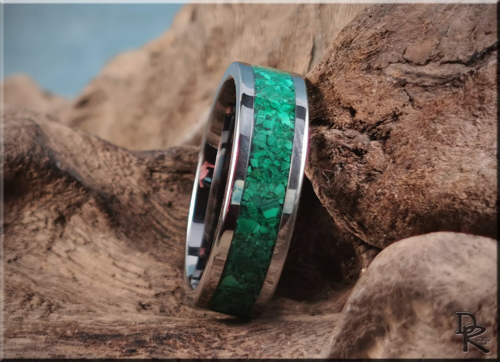 Super Titanium Channel Ring w/Green Malachite stone inlay - metal ring