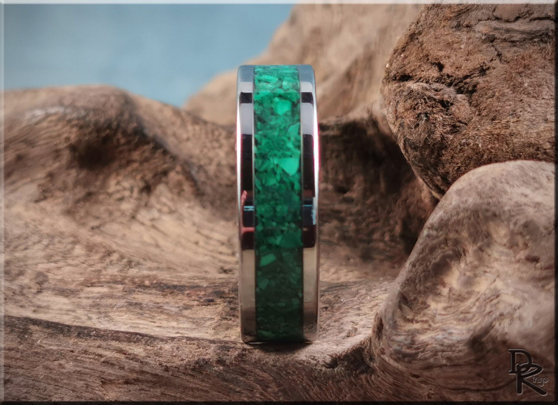 Super Titanium Channel Ring w/Green Malachite stone inlay - metal ring