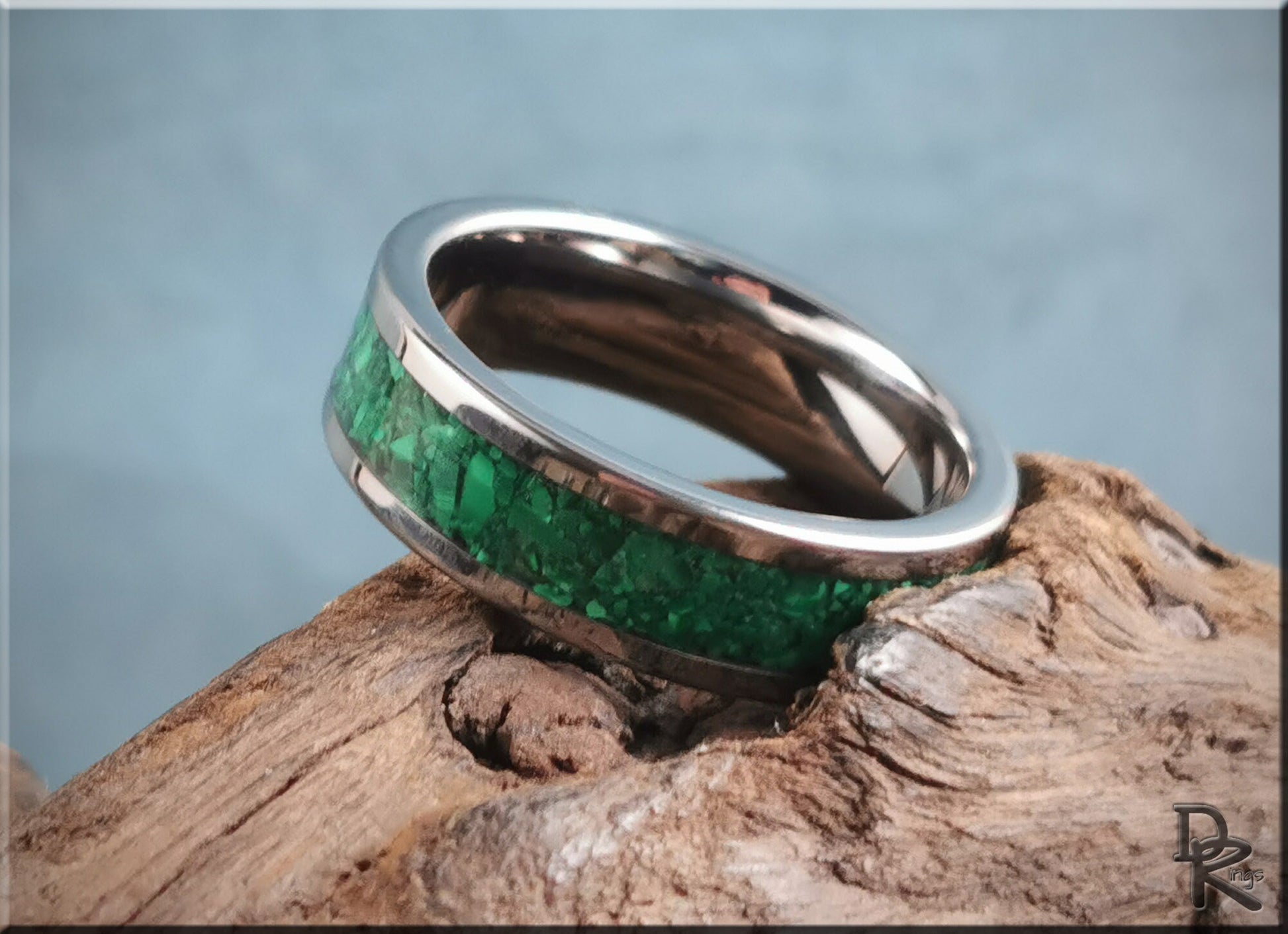 Super Titanium Channel Ring w/Green Malachite stone inlay - metal ring