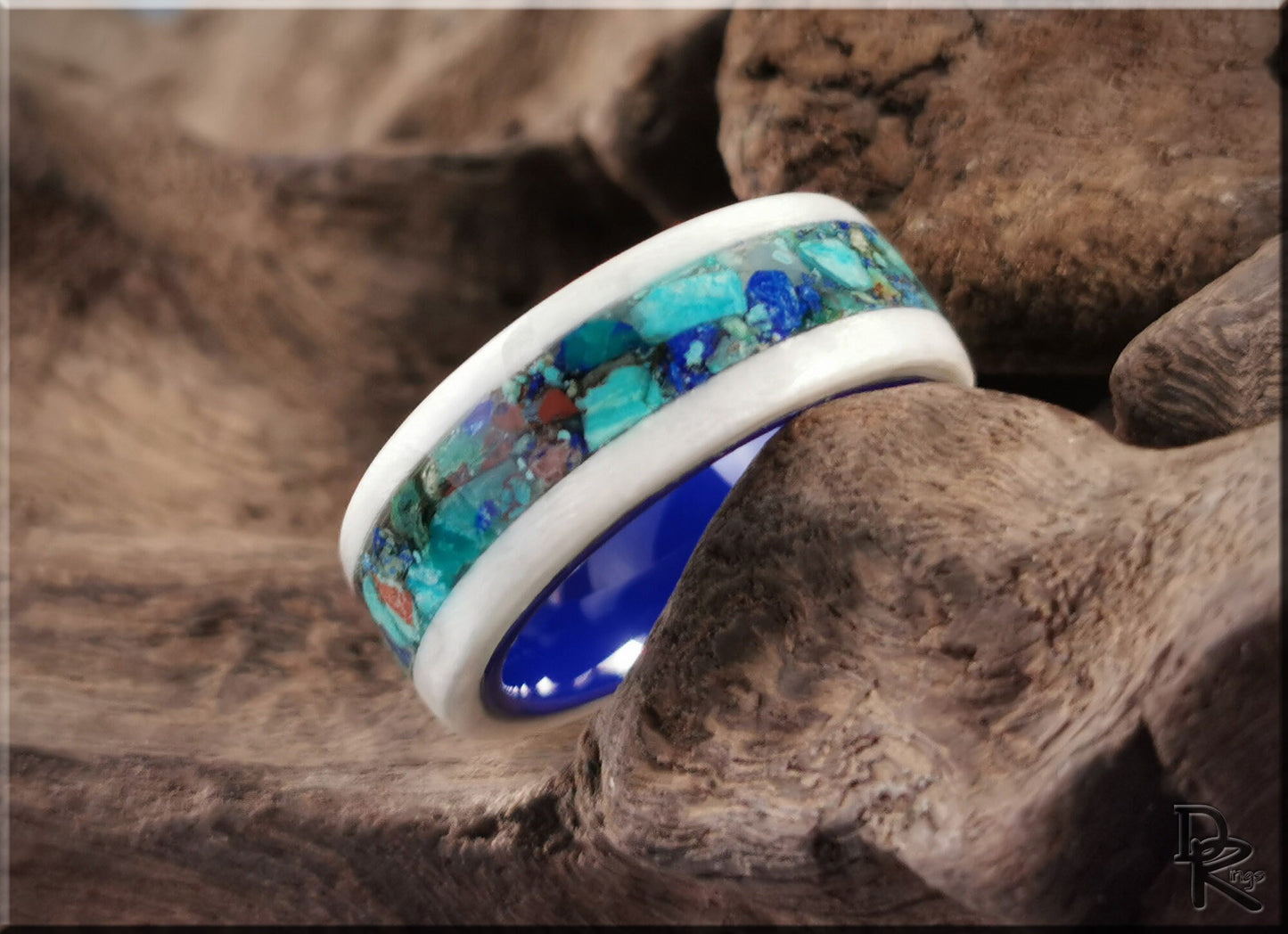 Bentwood Ring - Snow White Sycamore w/Azurite stone inlay, on polished blue ceramic ring core - wood ring
