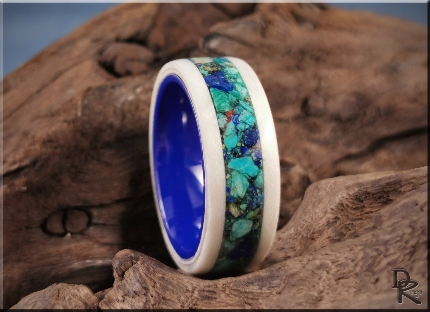 Bentwood Ring - Snow White Sycamore w/Azurite stone inlay, on polished blue ceramic ring core - wood ring