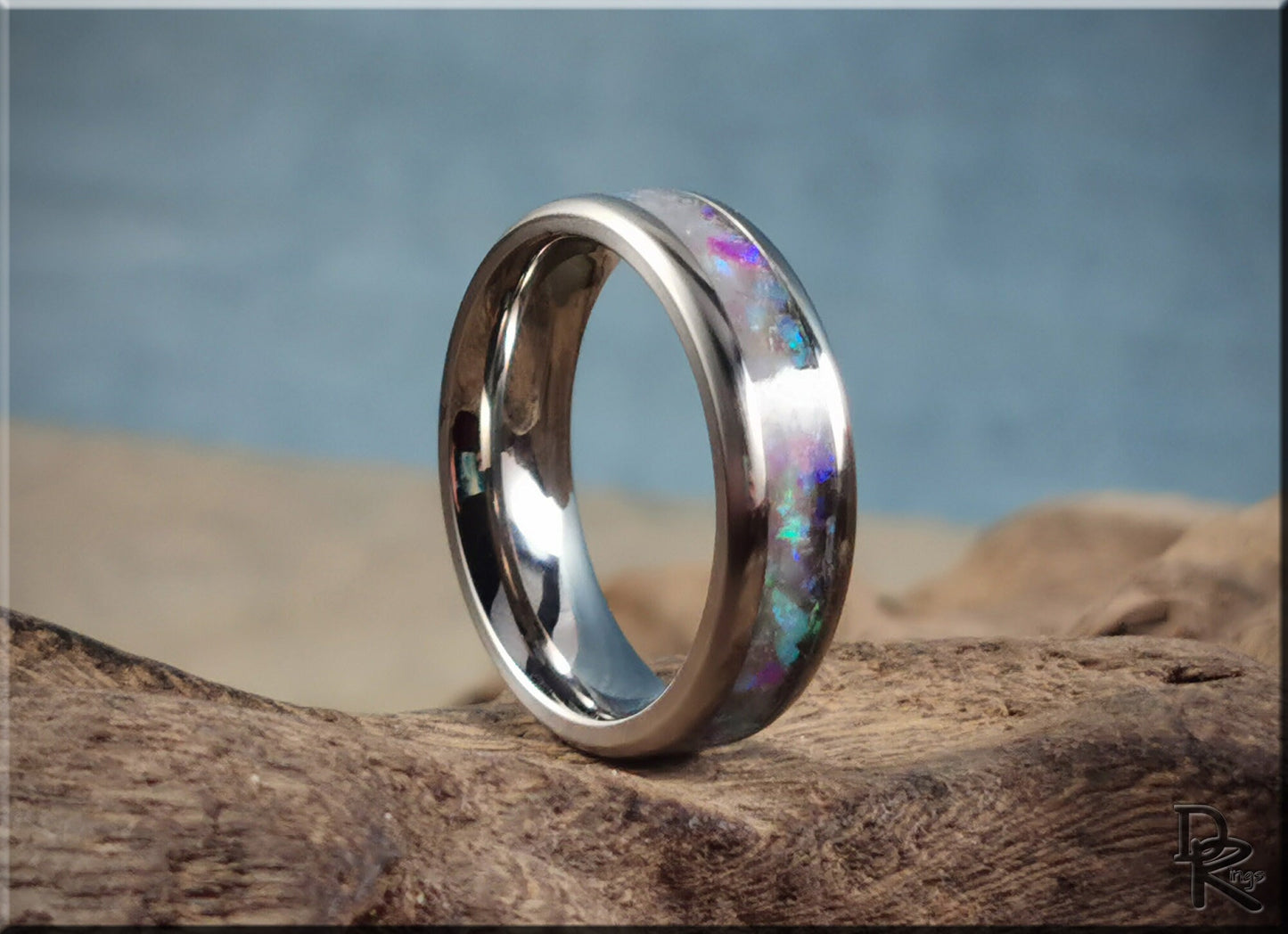 Titanium Channel Ring w/Selenite and Opal inlay - metal ring