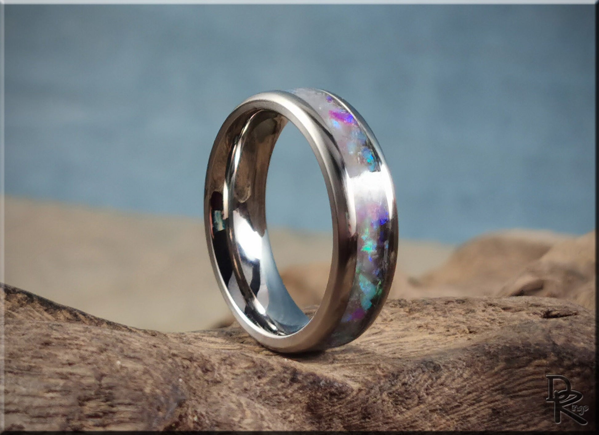 Titanium Channel Ring w/Selenite and Opal inlay - metal ring