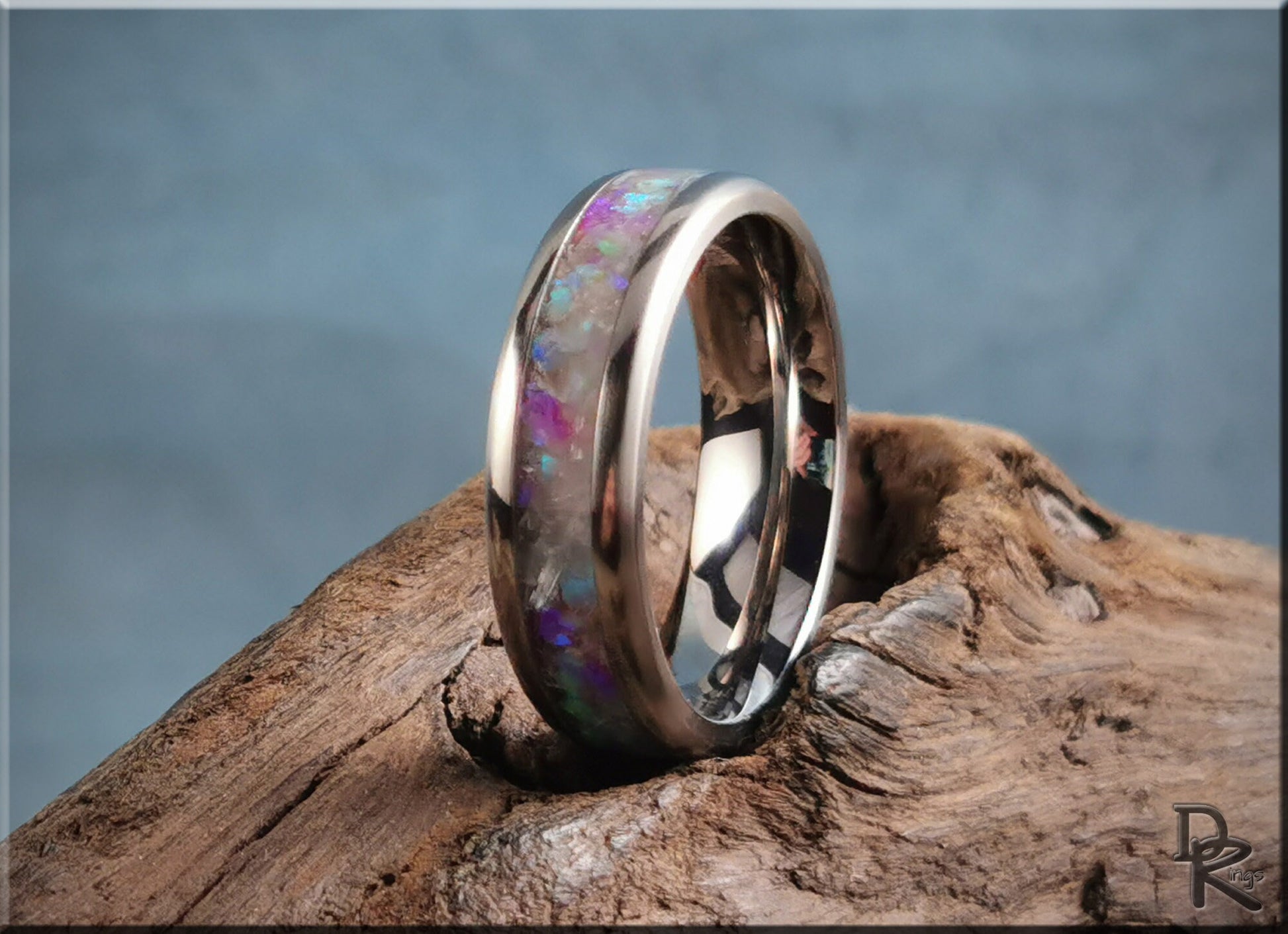 Titanium Channel Ring w/Selenite and Opal inlay - metal ring