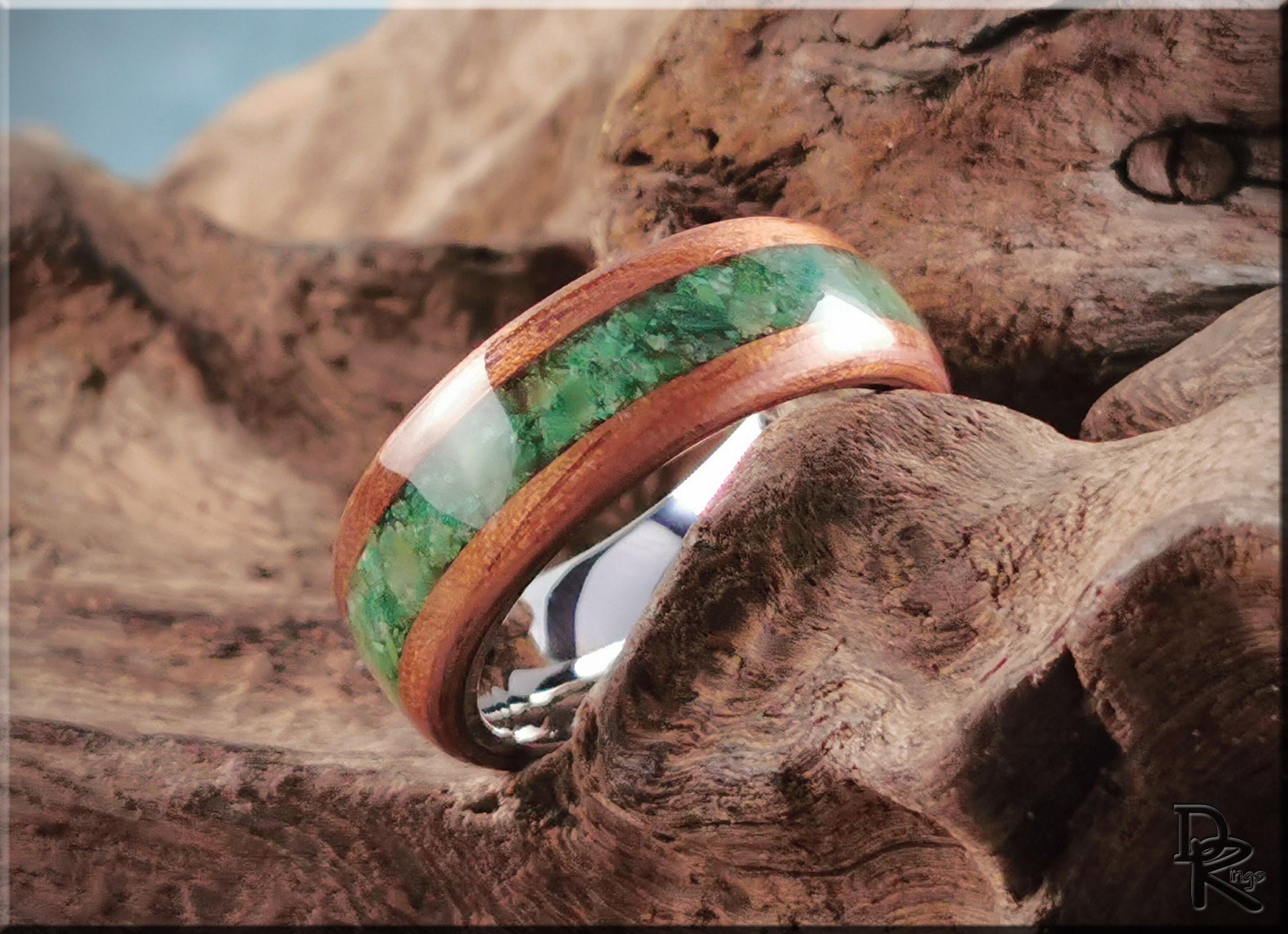 Bentwood Ring - Black Walnut w/Buddstone inlay, on premium Cobalt Chrome ring core - wood ring