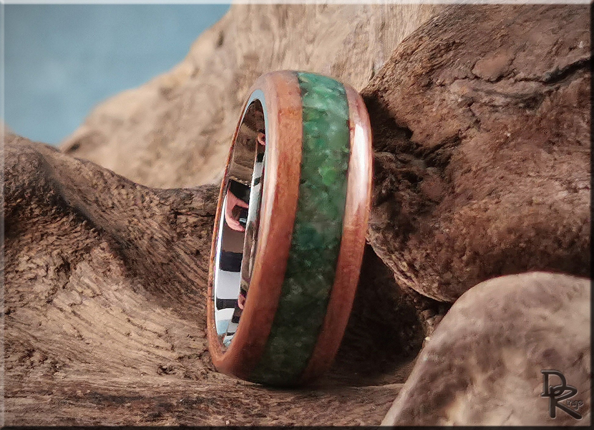 Bentwood Ring - Black Walnut w/Buddstone inlay, on premium Cobalt Chrome ring core - wood ring