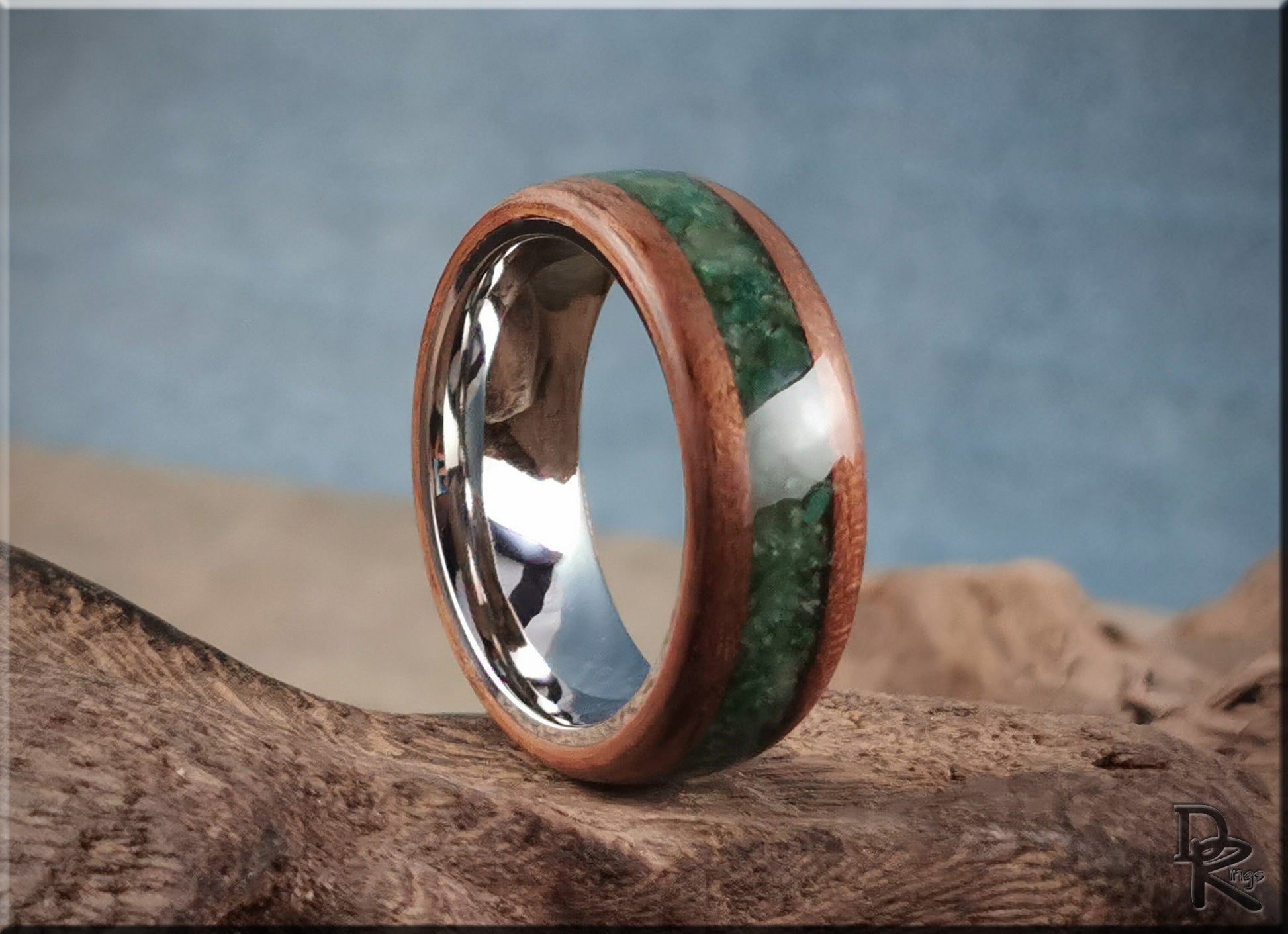 Bentwood Ring - Black Walnut w/Buddstone inlay, on premium Cobalt Chrome ring core - wood ring
