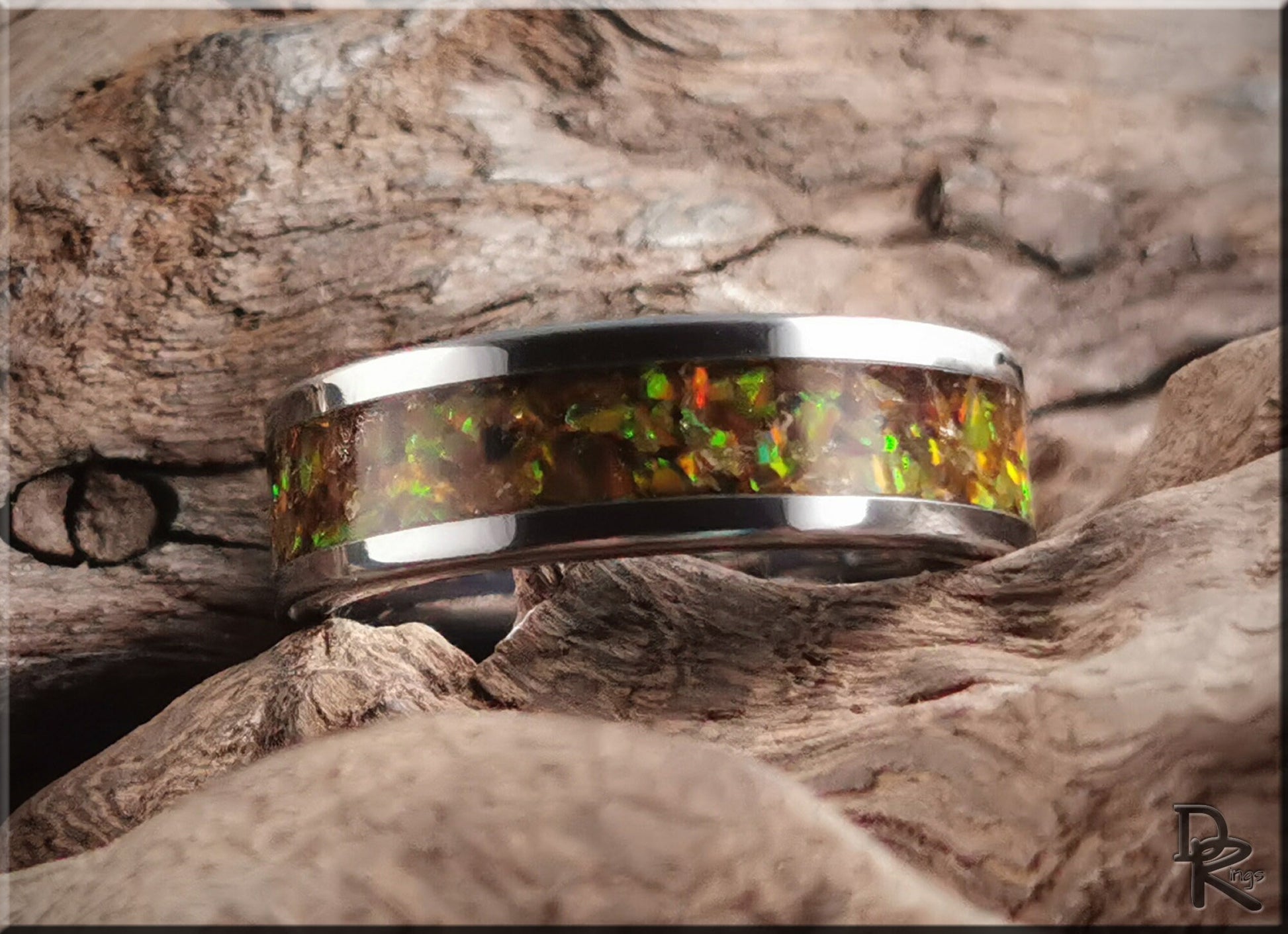 Super Titanium Channel Ring w/Genuine Amber and Opal inlay - metal ring