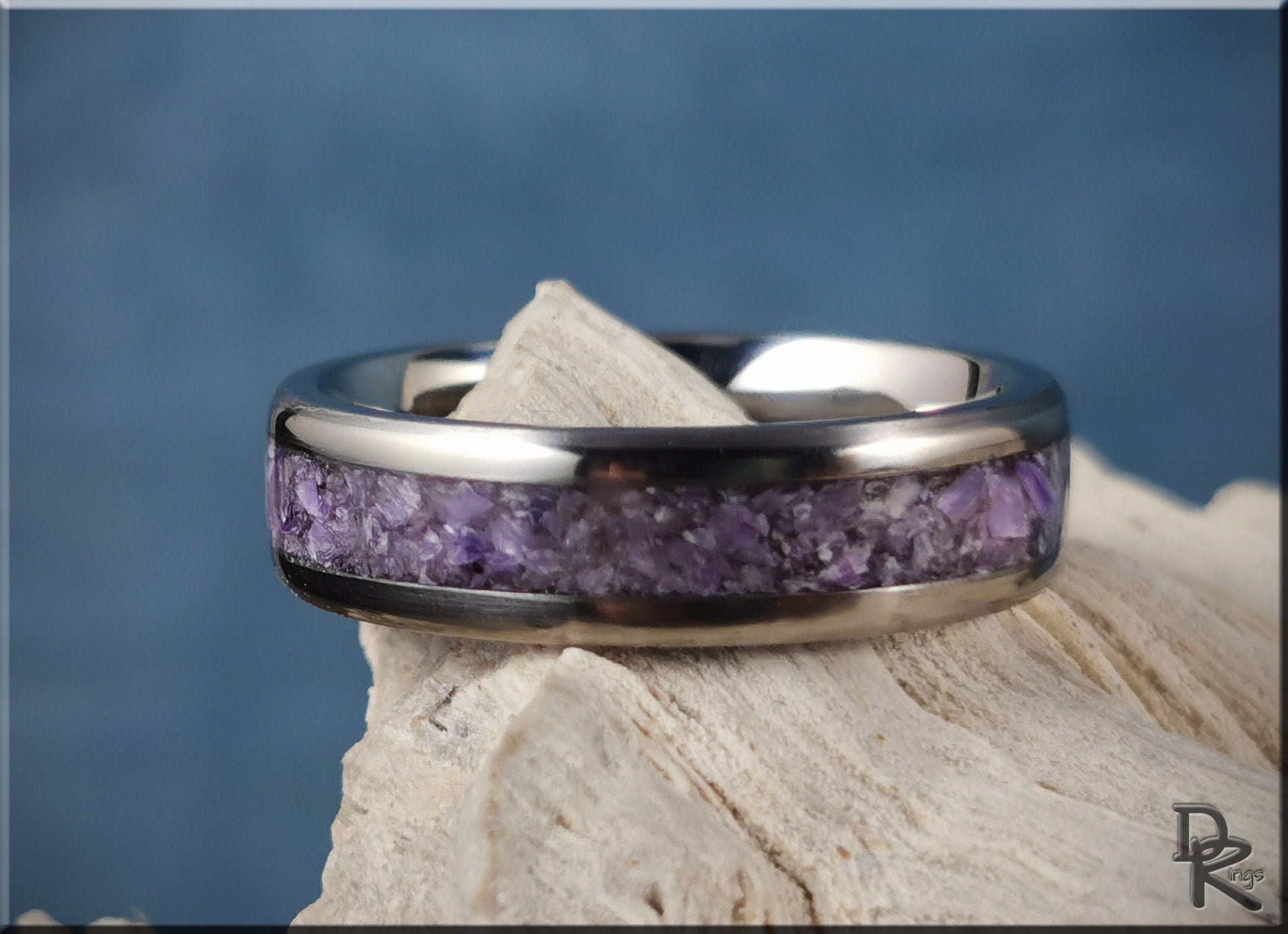 Titanium Channel Ring w/Charoite stone inlay - metal ring