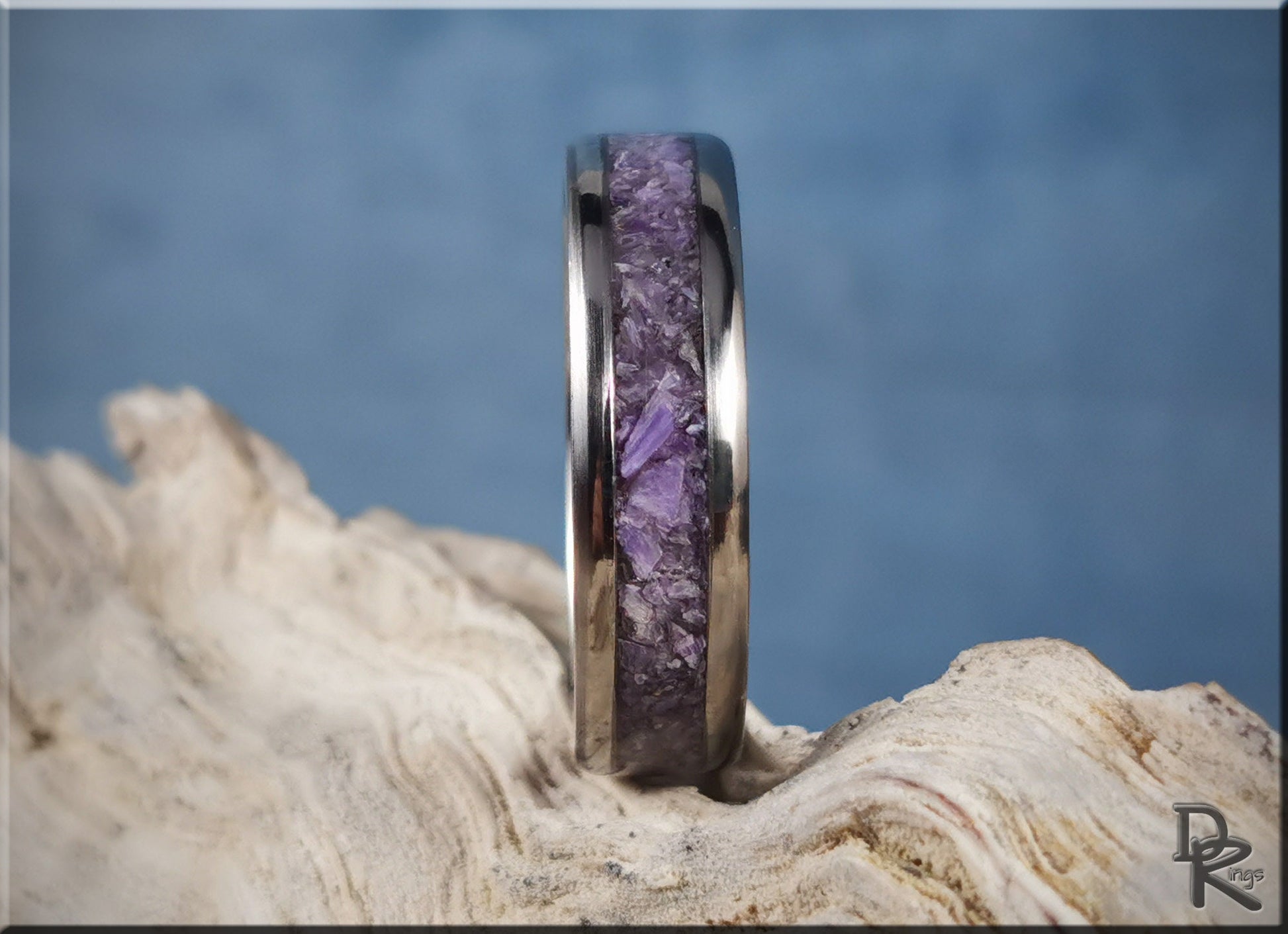 Titanium Channel Ring w/Charoite stone inlay - metal ring