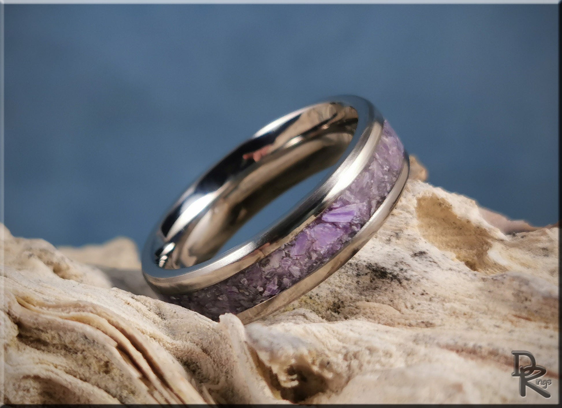 Titanium Channel Ring w/Charoite stone inlay - metal ring