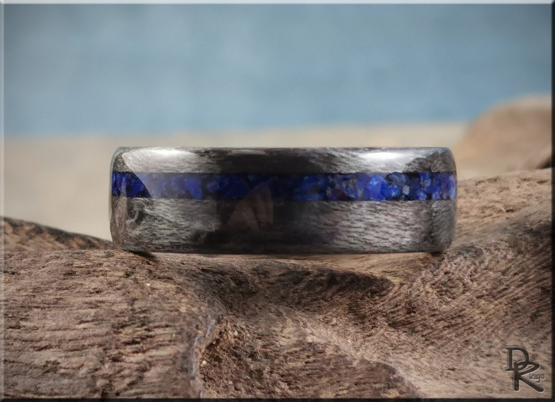 Bentwood Ring - Grey Birdseye Maple w/offset Lapis Lazuli inlay on deer antler ring core - wood ring