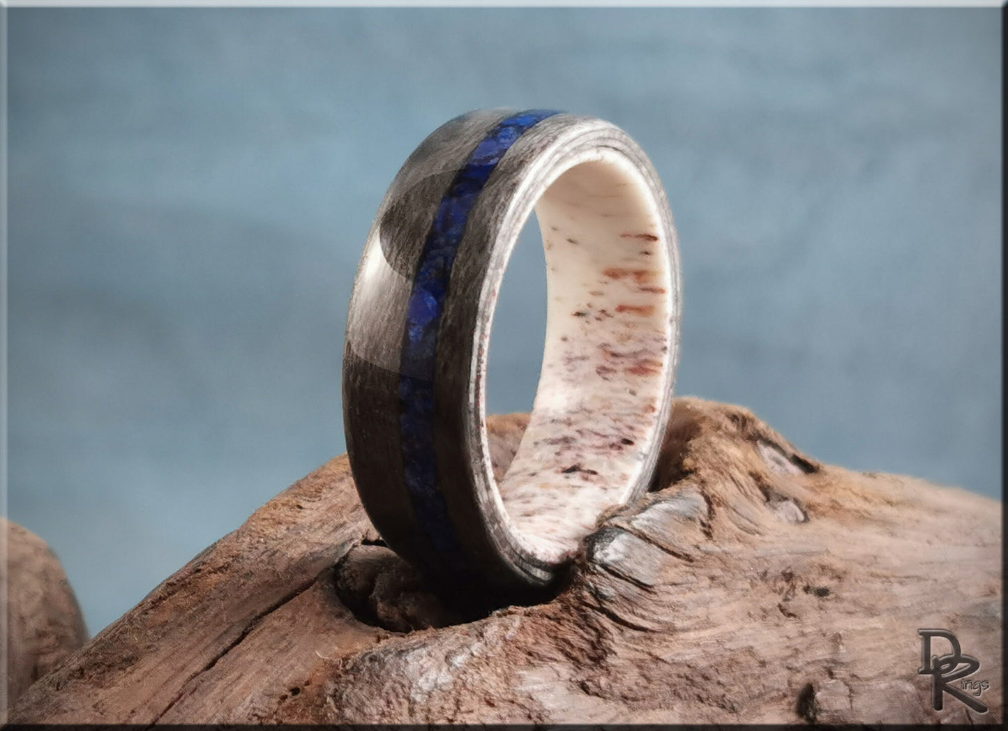 Bentwood Ring - Grey Birdseye Maple w/offset Lapis Lazuli inlay on deer antler ring core - wood ring