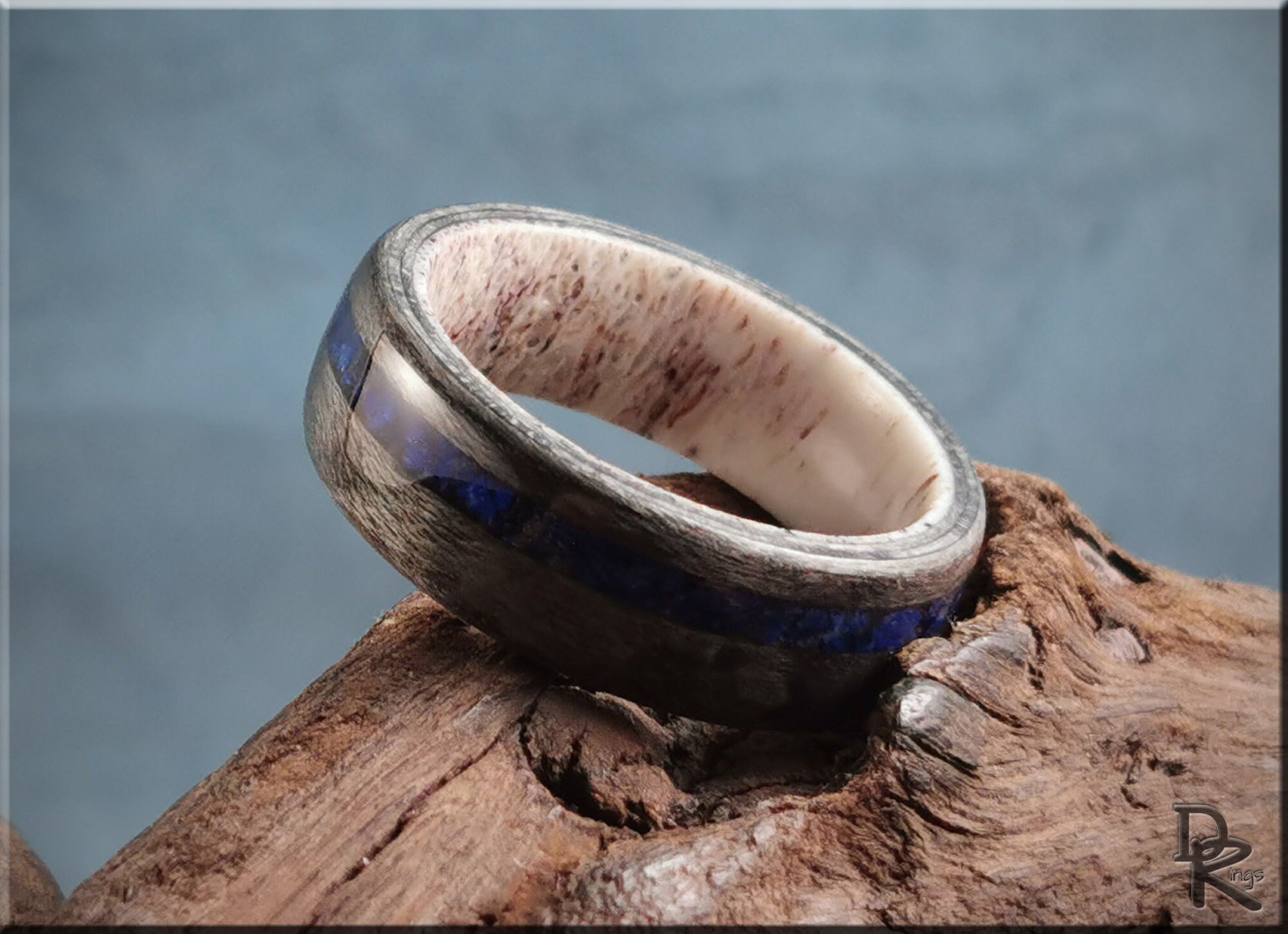 Bentwood Ring - Grey Birdseye Maple w/offset Lapis Lazuli inlay on deer antler ring core - wood ring