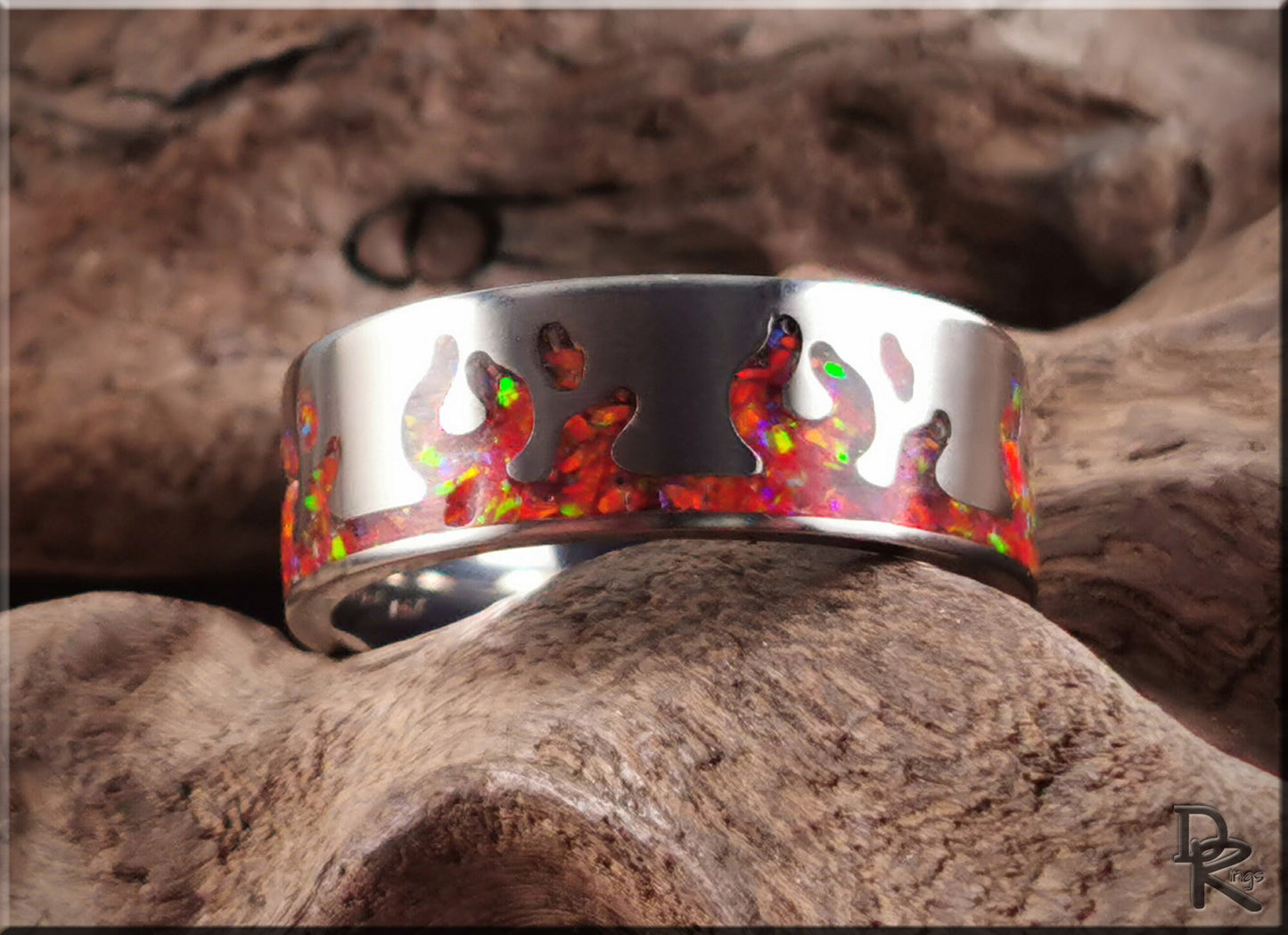 Titanium Flame Pattern Ring w/Opal inlay - metal ring