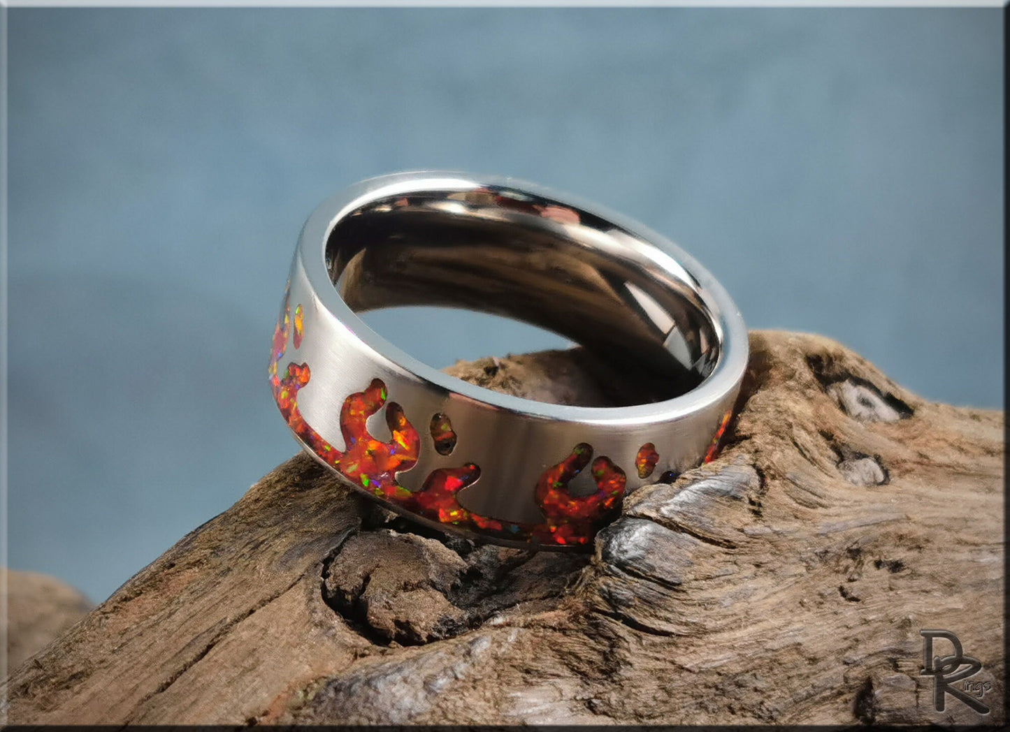 Titanium Flame Pattern Ring w/Opal inlay - metal ring