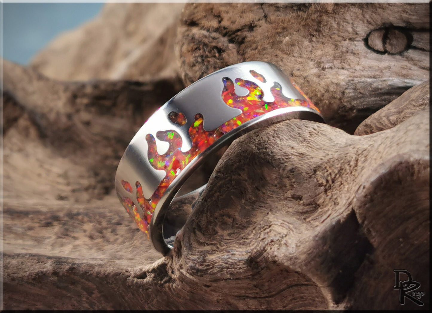 Titanium Flame Pattern Ring w/Opal inlay - metal ring